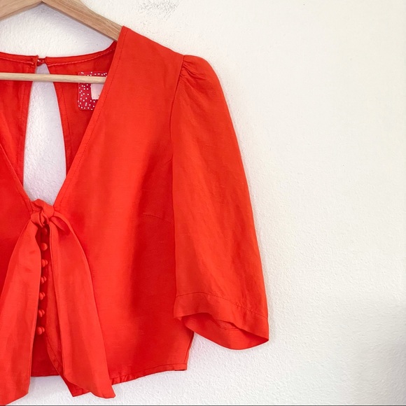 NWT Anthropologie Maeve Short Sleeve Tie-Front Linen Blend Blouse Orange 4 - Picture 6 of 16